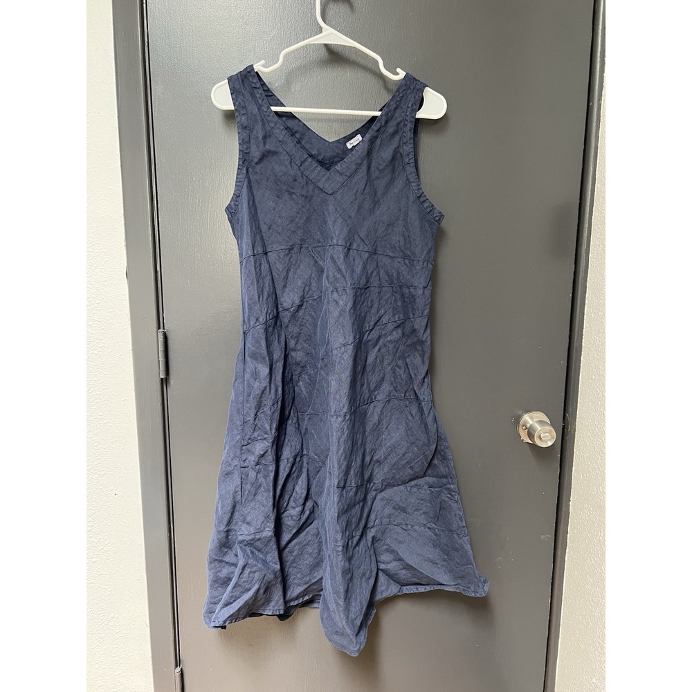Puro Lino Dress Women Sz M Blue Dark Chambray Minimalist Shift Linen Flax